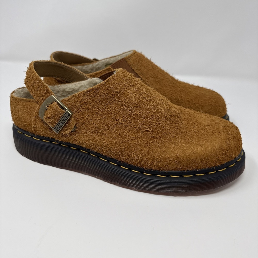 Dr. Martens Isham Tan Hairy Suede Faux Fur Lined Mules Mens 11 Brown Clogs NEW